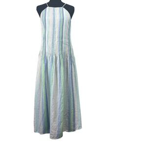 MNG Mango Linen Blend Striped Maxi Dress Blue Green Smocked Sz 6 Coastal Beach